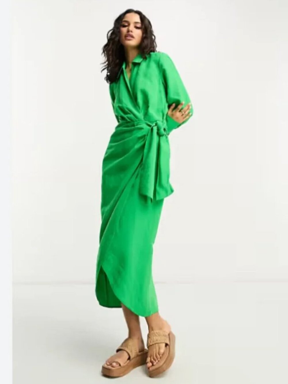 & Other Stories Vibrant Linen Blend Wrap Midi Dress - Sz 2, Kelly Apple Green